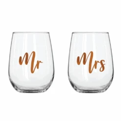 Mr And Mrs Stemless Wine Glass Set Of 2 Rose Gold 600ml