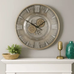 Round Asgard Industrial Moving Cogs Wall Clock 60cm Silver With Gold