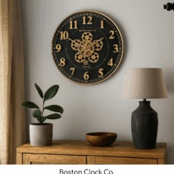 Round Boston US Navy Moving Cogs Wall Clock 50cm Gold With Black