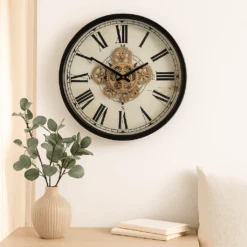 Round Compass Moving Cogs Wall Clock 46cm Black With Natural