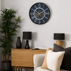 Round London Modern Exposed Gear Clock 54cm Black