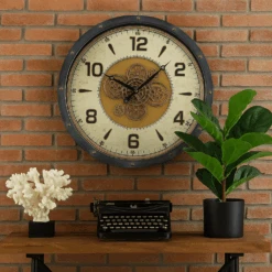 Round Magellan Modern Industrial Moving Cogs Wall Clock 72cm Black Metal With Gold