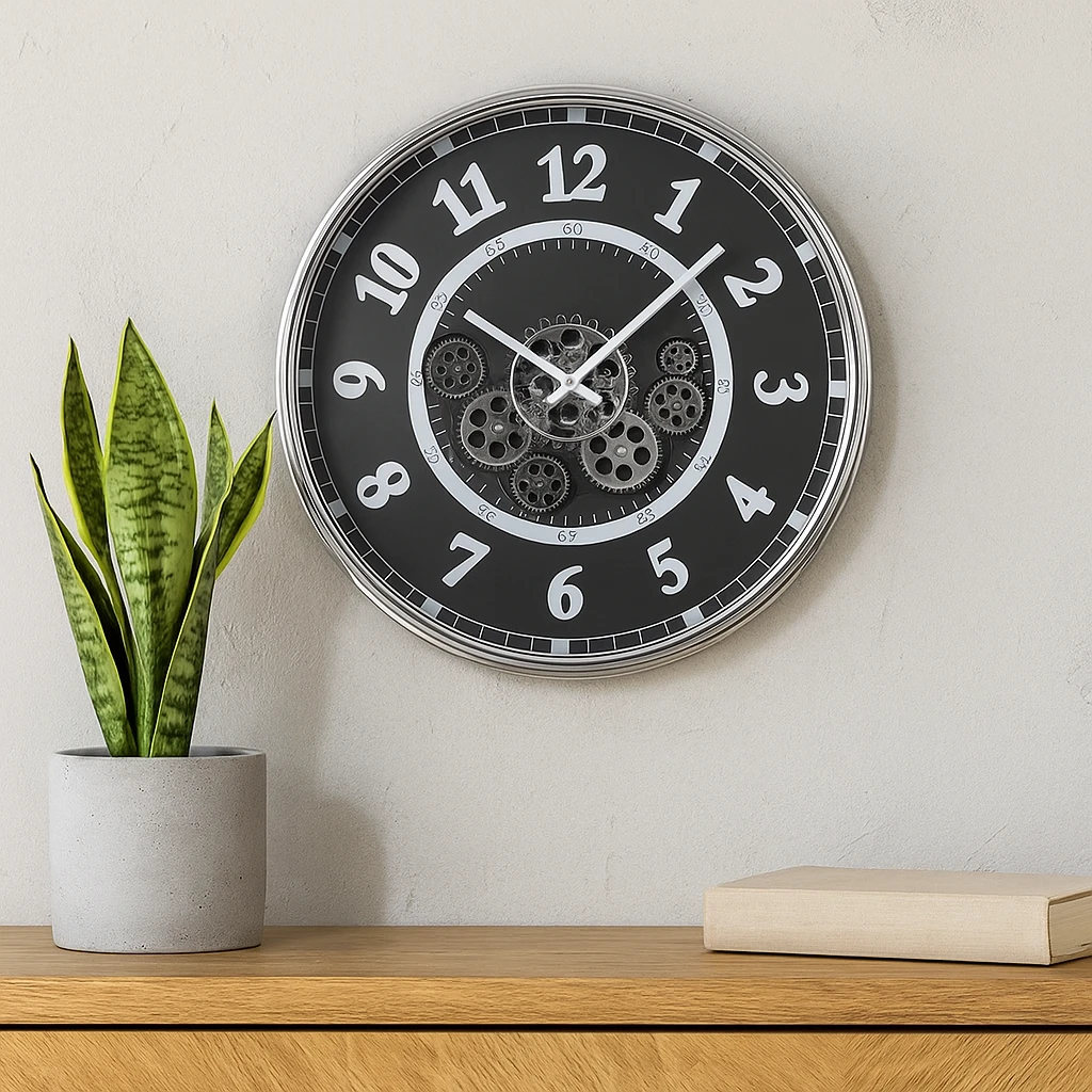 Wall Clock Round Dylan Modern Industrial Moving Cogs Silver Metal Black 54cm 3 Wall Clock Round Dylan Modern Industrial Moving Cogs Silver Metal Black 54cm